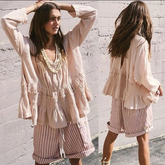 Free People Size M Nyla Top Ethereal Billowy Neutral Ruffle Peplum Lagenlook - Picture 1 of 7